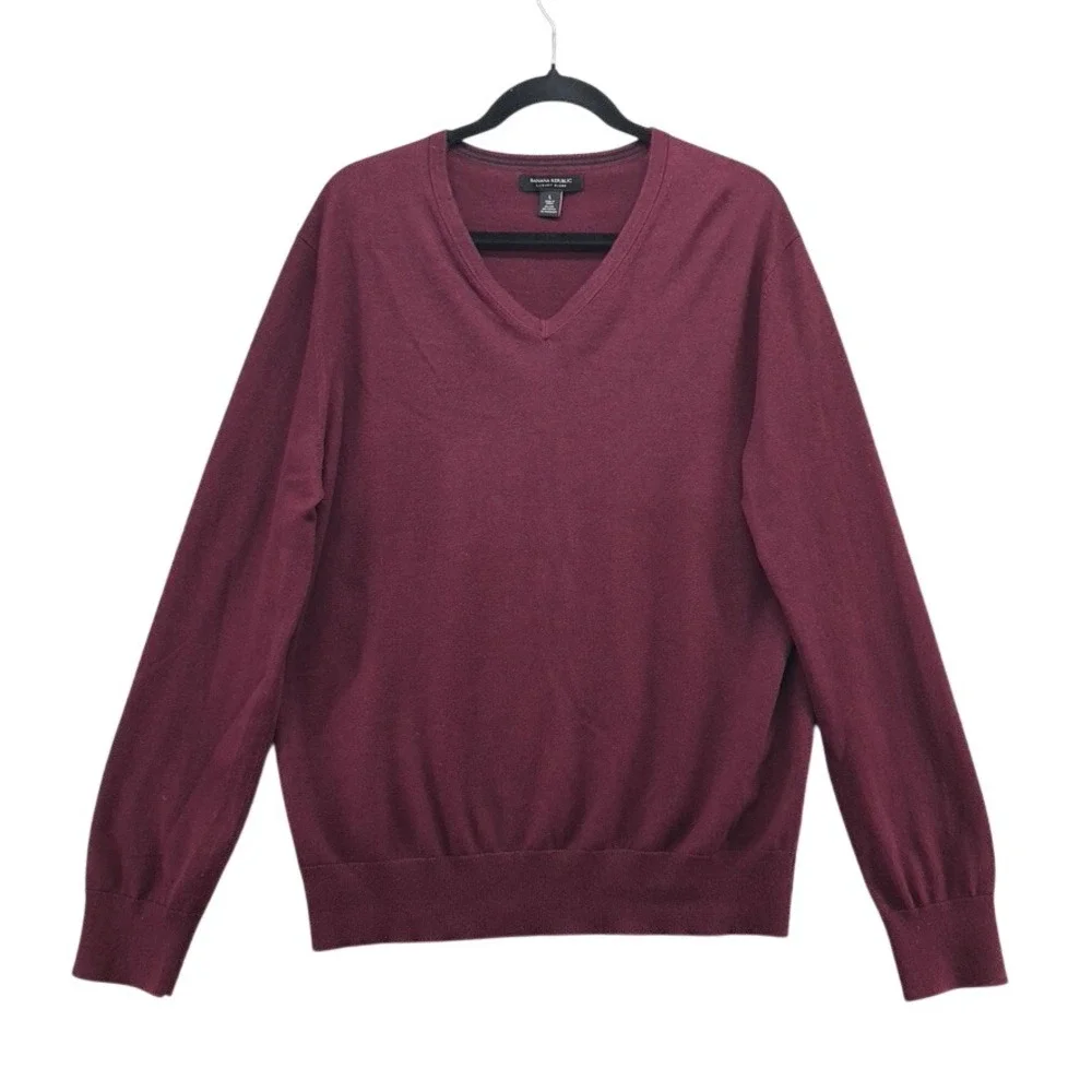 Banana Republic Sweater Mens Large Adult‎ Burgundy Silk Cotton Cashmere V-Neck L